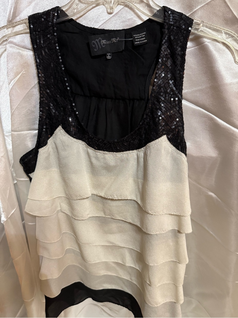 Miss Me Black Sequin & Cream Layered Ruffle Camisole